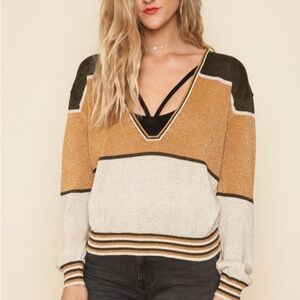 Free People V-Neck Sweater in Mustard and Cream